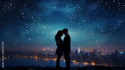 A Romantic Scene with a Couple Against a Night City Background.