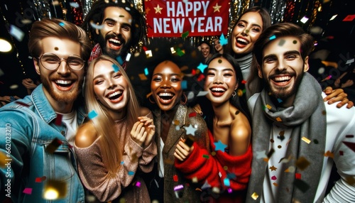Close-up of a group of friends of different ethnic backgrounds and attire celebrating with joy. New Year's Eve celebration party.