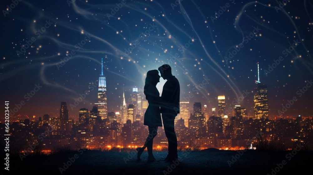 A Romantic Scene with a Couple Against a Night City Background. A Romantic Scene with a Couple Against a Night City Background.