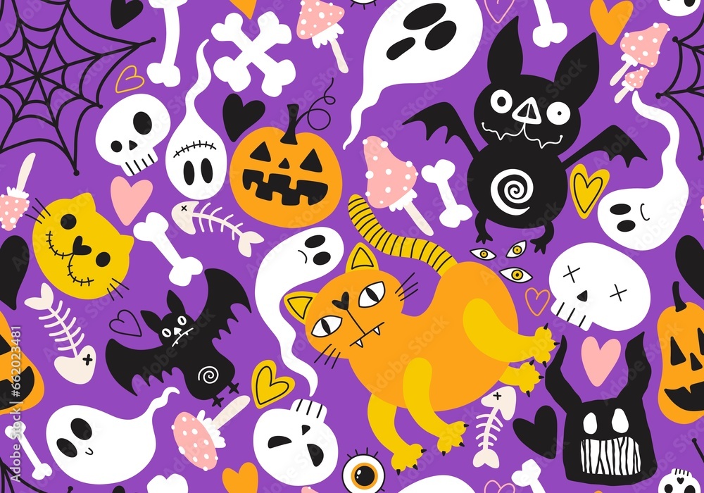 Halloween cat and pumpkins seamless ghost and skulls and poison pattern for wrapping paper and fabrics Halloween cat and pumpkins seamless ghost and skulls and poison pattern for wrapping paper and fabrics
