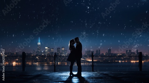 A Romantic Scene with a Couple Against a Night City Background.