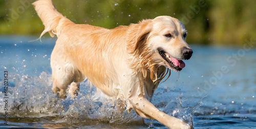 happy golden retriever dog is running through the water in nature on a sunny day 