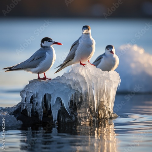 Arctic terns resting on floating ice floe