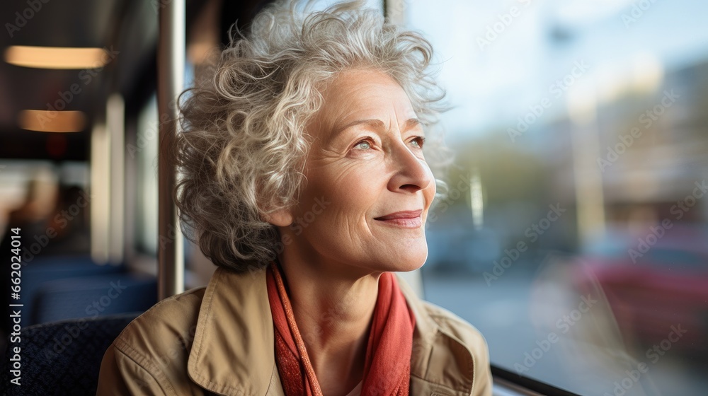 Portrait of a senior woman on public transportation looking out the window