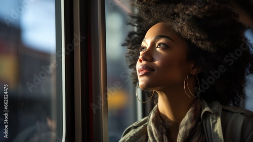 Portrait of a young woman on public transportation looking out the window