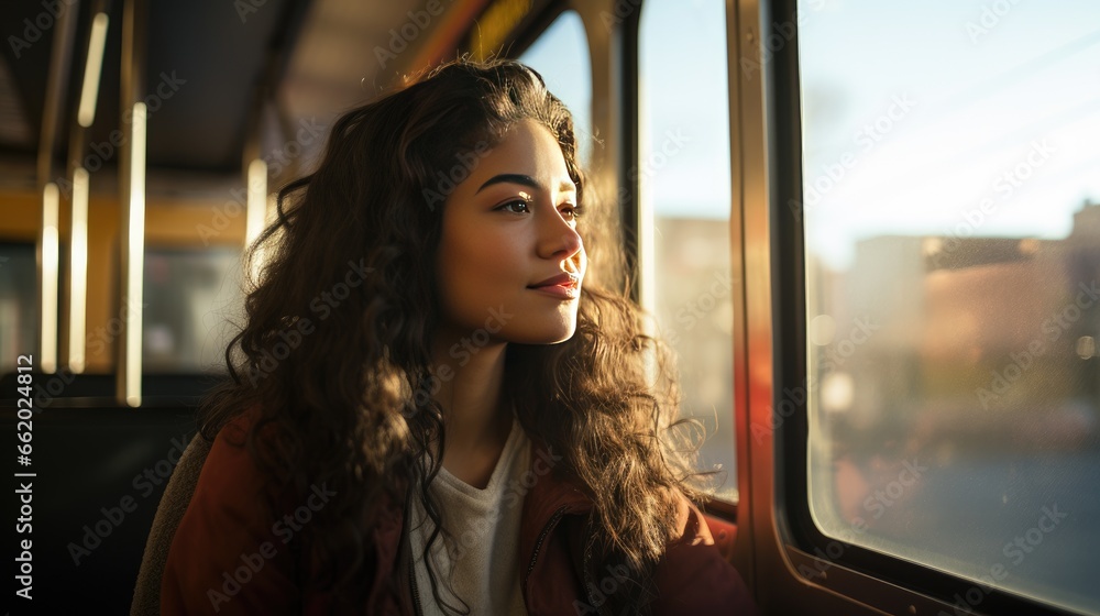 Portrait of a young woman on public transportation looking out the window Portrait of a young woman on public transportation looking out the window