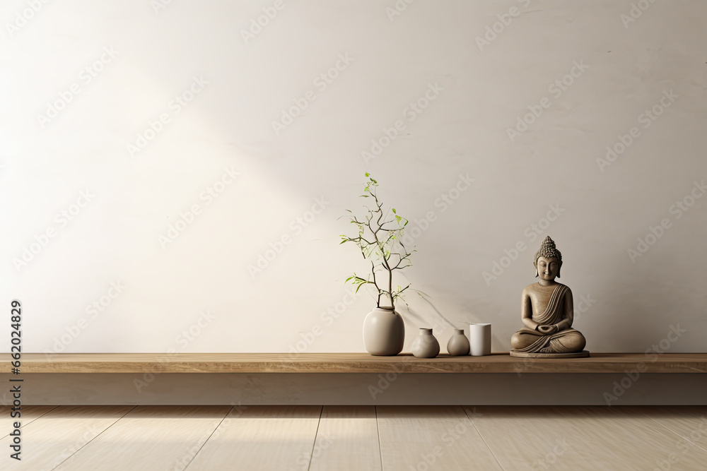 Minimalist home interior with buddha statuette - Generative AI - obrazy, fototapety, plakaty 
