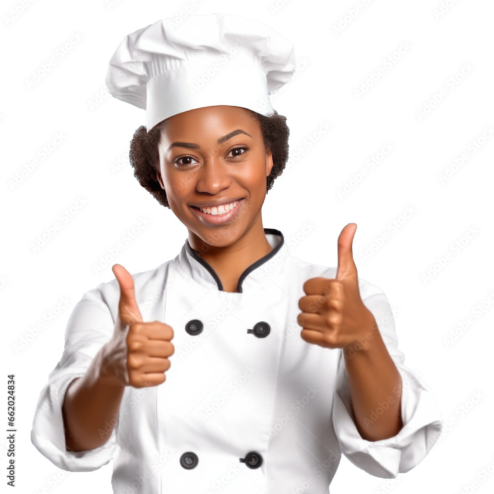 african american woman Chef Holding Thumbs Up With One Hand isolated on transparent background african american woman Chef Holding Thumbs Up With One Hand isolated on transparent background