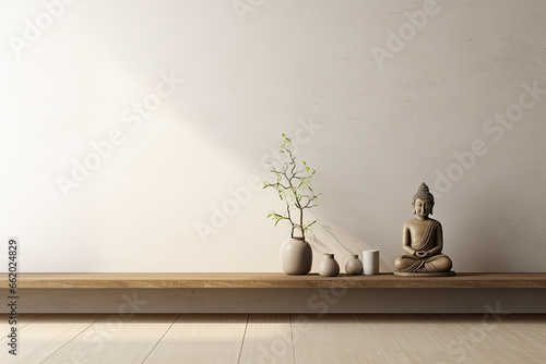 Minimalist home interior with buddha statuette - Generative AI