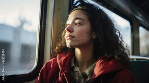 Portrait of a young woman on public transportation looking out the window © Krtola 