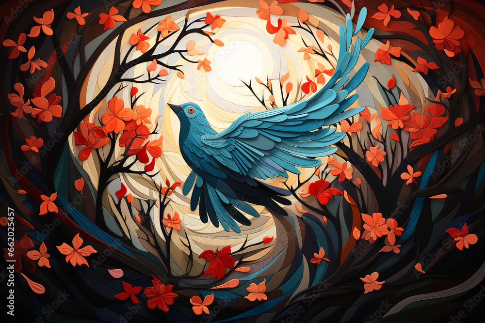 Abstract blue dove with flowers background on International Day of Neutrality, symbolizing the ideals of neutrality and worldwide tranquility