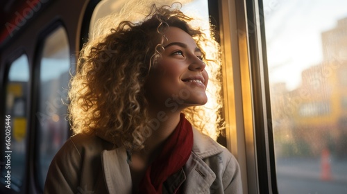 Portrait of a young woman on public transportation looking out the window © Krtola 