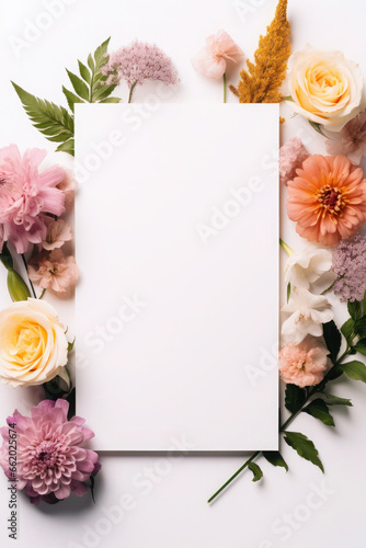 Bouquet of pink flowers and empty paper sheet from above. vintage card, top view, space for text, flat lay, mockup.