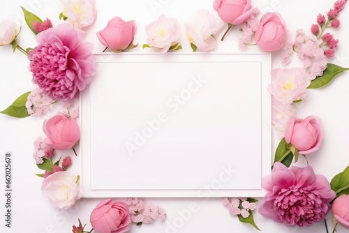 Bouquet of pink flowers and empty paper sheet from above. vintage card, top view, space for text, flat lay, mockup. © Svetlana
