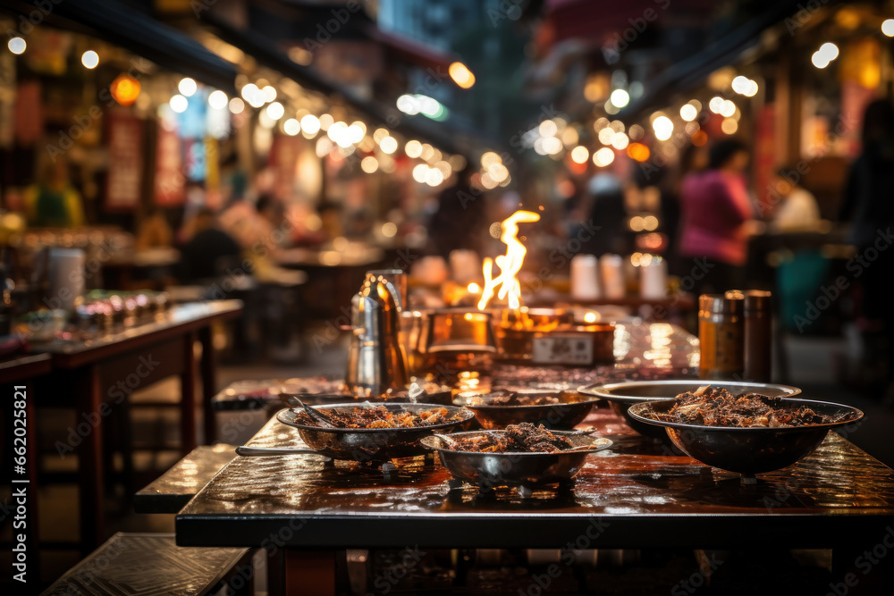 A bustling night market with colorful stalls and vibrant street food. Concept of local culture and culinary diversity. Generative Ai. - obrazy, fototapety, plakaty 
