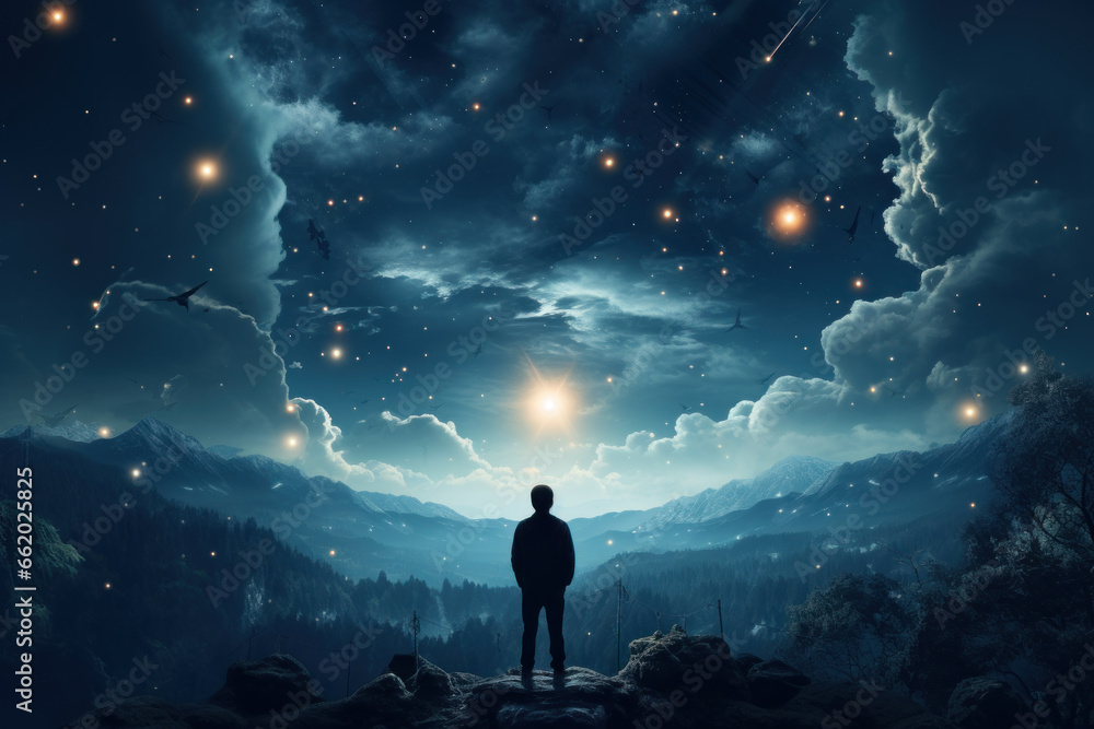 Obraz premium A person gazing up at a starry night sky, contemplating the mysteries of the universe. Concept of wonder and cosmic exploration. Generative Ai.