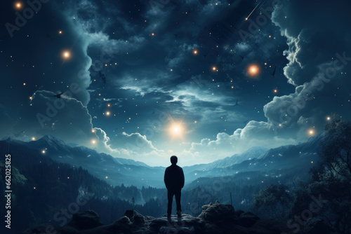A person gazing up at a starry night sky, contemplating the mysteries of the universe. Concept of wonder and cosmic exploration. Generative Ai.