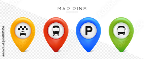 Map pin set. Map pointer for parking, taxi, bus and tram station. Map marks for gps point. Vector icons isolated on transparent background