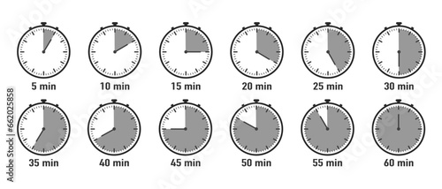 Kitchen timer icon. Cook time minutes. Meal preparation time icons. Boiling time icons. Vector illustration