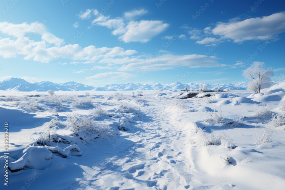 A pristine, untouched snowscape glittering under the winter sun. Concept of purity and serenity. Generative Ai.