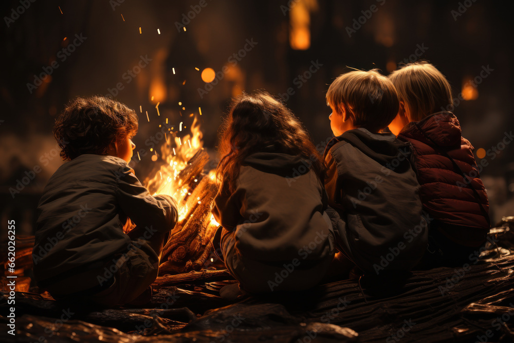 A group of kids huddled around a campfire, roasting marshmallows. Concept of innocence and adventure. Generative Ai.