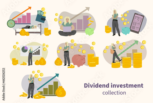 Collection of women investing in the stock marked. Saving money earning income and cashflow by dividends. Financial independancy retire early. Pink hair. financial independant. The snowball effect.