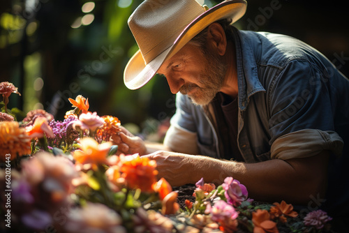 A master gardener carefully tending to a vibrant, blooming garden. Concept of nurturing and growth. Generative Ai.