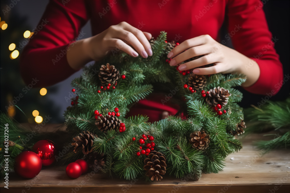© Maryna - Christmas wreath making tutorial. Woman displaying her ornate holiday wreath.