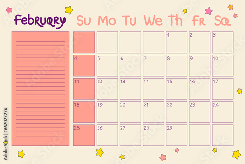 Retro calendar 2024. February. Planner with dates and notes in doodle style. Cute and cartoony design in hippie style. Vector illustration with editable stroke. Fun glider with stars