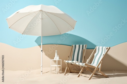 Beachy scene: umbrella, chairs, sand on pale blue backdrop. Evokes summer vacation vibes. Generative AI