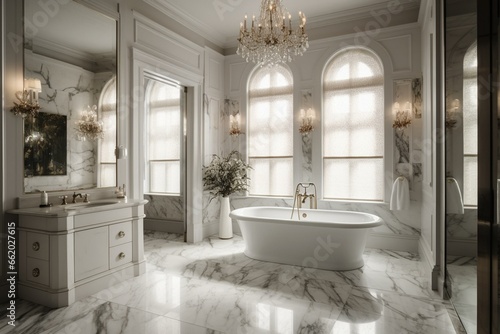 Indulgent bathroom adorned with lavish marble  elegant freestanding tub  and exquisite chandelier. Generative AI
