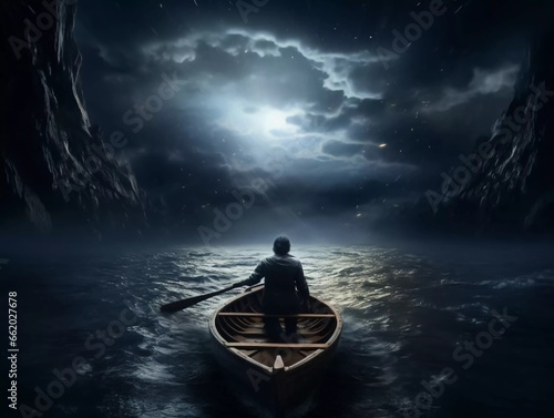 A man is steering a boat in the middle of a vast, endless river. with a dark background There are drops of water falling on the river, AI generator