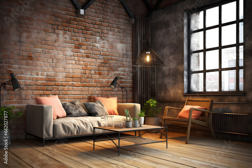 Spacious apartment loft living room interior with red brick wall © Ayrum.Design