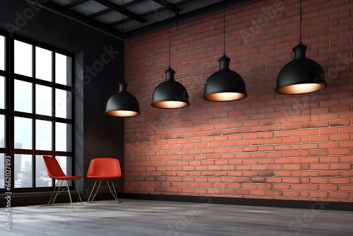 Spacious apartment interior in loft style. Conference room. Red brick and black paint walls, red chairs and pendant lamps © Ayrum.Design