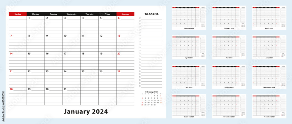 Vector Monthly Desk Pad Calendar, January 2024 - December 2024. Calendar planner with to-do list and place for notes.