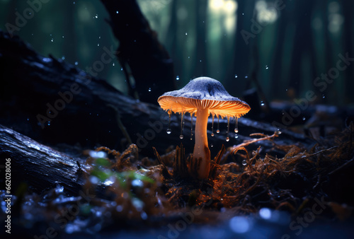 Mystical forest scene with dew-kissed mushrooms glowing amidst ferns, capturing raindrops in ethereal blue light.