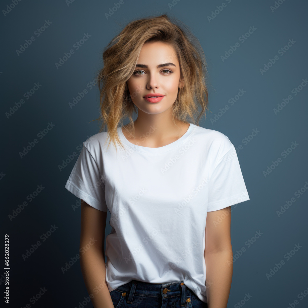 Portrait d'une jeune femme aux cheveux blonds vêtue d'un t-shirt blanc sur fond bleu