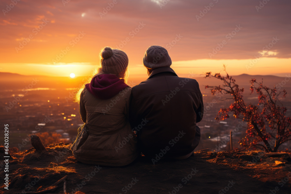 An elderly couple holding hands and watching the sunrise together. Concept of enduring love and companionship. Generative Ai.