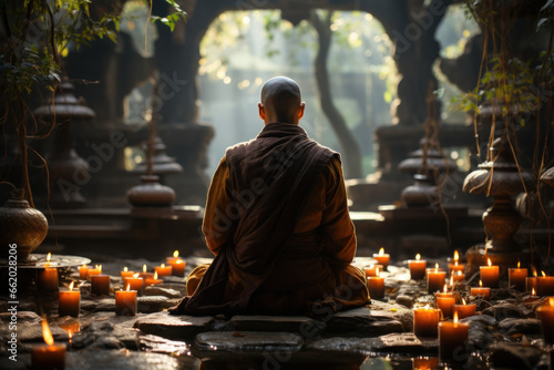 A contemplative monk meditating in a tranquil monastery garden. Concept of spirituality and inner peace. Generative Ai. photo