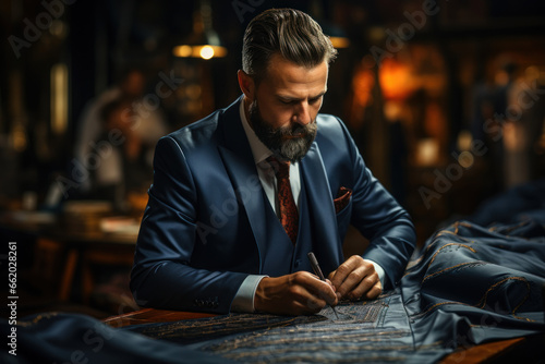 A tailor carefully stitching a custom suit with attention to detail. Concept of tailoring and sartorial elegance. Generative Ai.