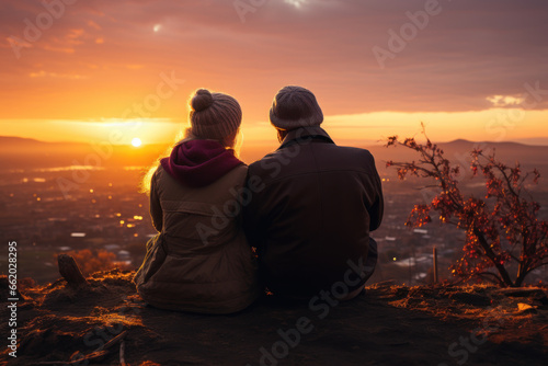 An elderly couple holding hands and watching the sunrise together. Concept of enduring love and companionship. Generative Ai.