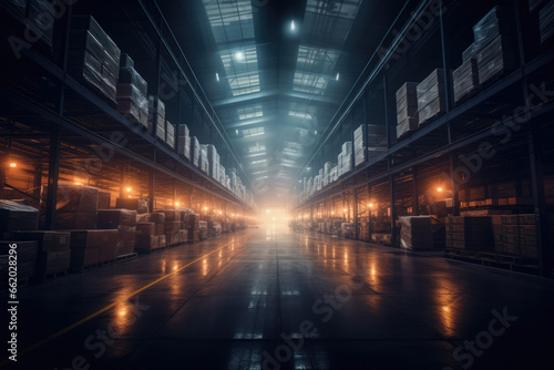 Vast modern warehouse with glowing lights, rows of stacked boxes, reflective floor, and a symmetrical perspective.