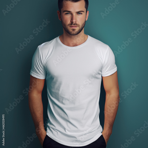 Obraz na plátne Portrait sérieux d'un jeune homme athlétique en t-shirt blanc sur fond turquoise