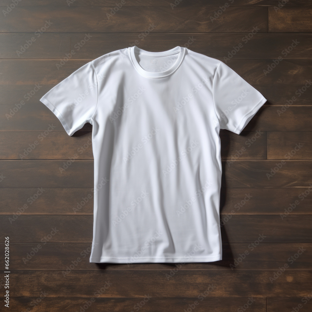 T-shirt blanc élégant sur un fond en bois brun