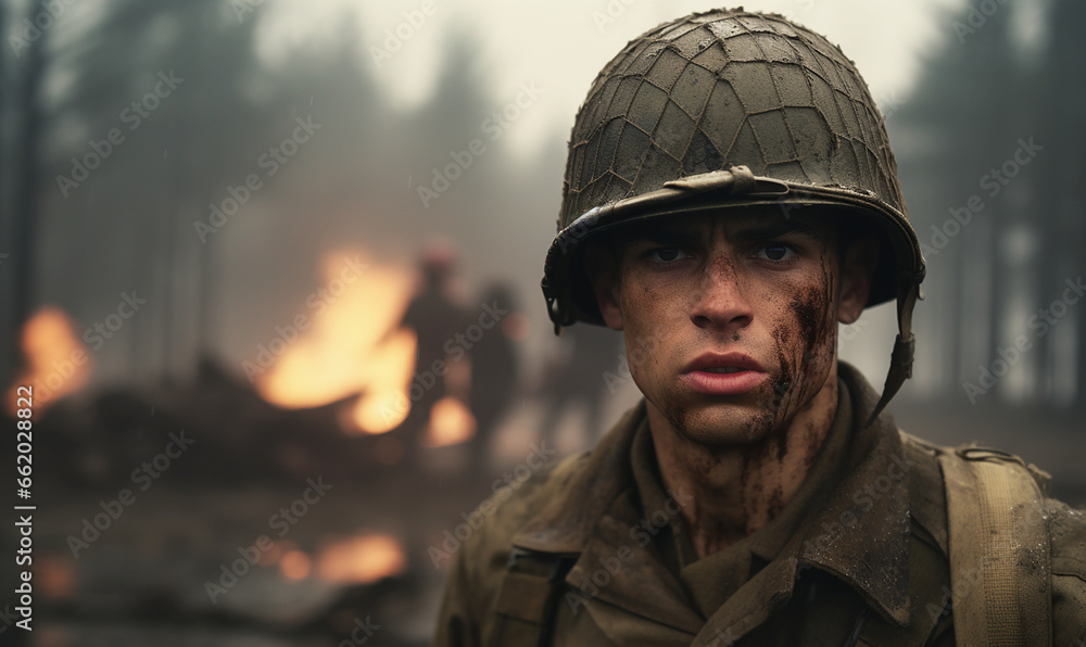 Portrait of a World War II American soldier in the battlefield - Generative AI