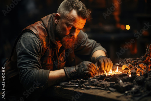A resourceful blacksmith crafting intricate metalwork designs with skilled hands. Concept of metal craftsmanship and artistry. Generative Ai. © Sebastian