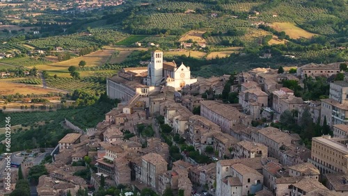 Elevated perspective, the Historic Saint Francis Basilica dominating Assisi skyline, Province of Perugia, Umbria, Italy
