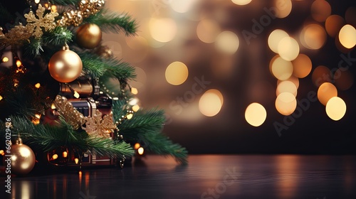 Stunningly decorated christmas tree with lantern on blurred background