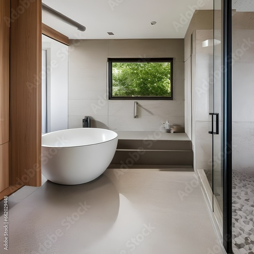 A tranquil  spa-like bathroom with a sleek freestanding bathtub  natural stone tiles  and soft  indirect lighting4  Generative AI