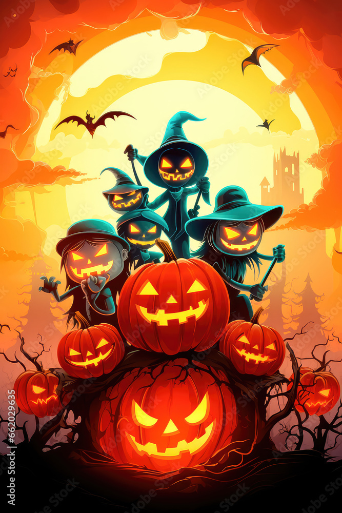 Costume party for Halloween. A group of children in costumes are sitting on a giant pumpkin. In the moonlight. Orange background. Generative AI